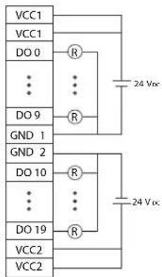 VCC1 VCC1 DO 0 ... DO 9 GND 1 GND 2 DO 10 ... DO 19 VCC2 VCC2 R R R 24 Vcc 24 Vcc
