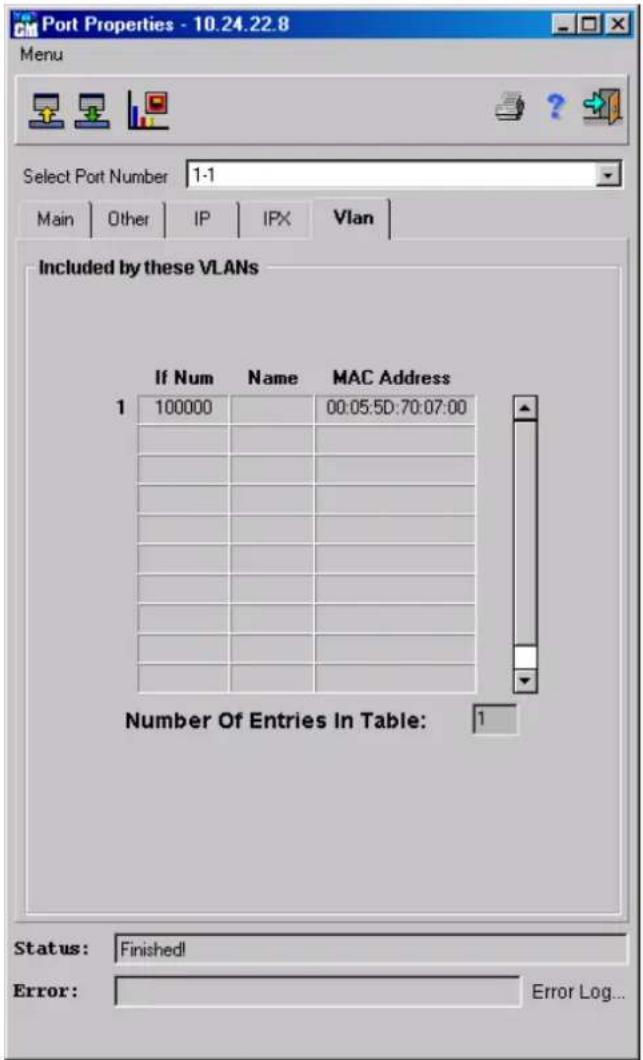 Port Properties - 10.24.22.8 Menu Select Port Number 1:1 Main Other IP IPX Vlan Included by these VLANs If Num Name MAC Address 1 100000 00:05:5D:70:07:00 Number Of Entries In Table: 1 Status: Finished! Error: Error Log...