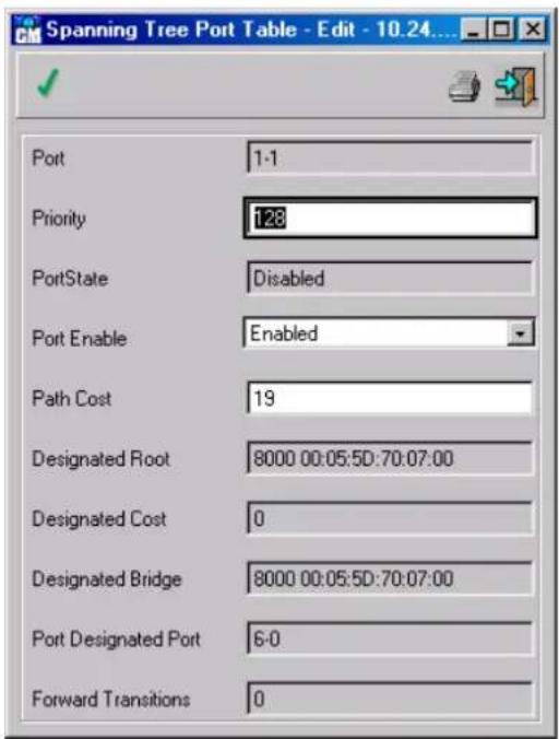 Spanning Tree Port Table - Edit - 10.24... Port 1-1 Priority 128 PortState Disabled Port Enable Enabled Path Cost 19 Designated Root 8000 00:05:50:70:07:00 Designated Cost 0 Designated Bridge 8000 00:05:50:70:07:00 Port Designated Port 6-0 Forward Transitions 0
