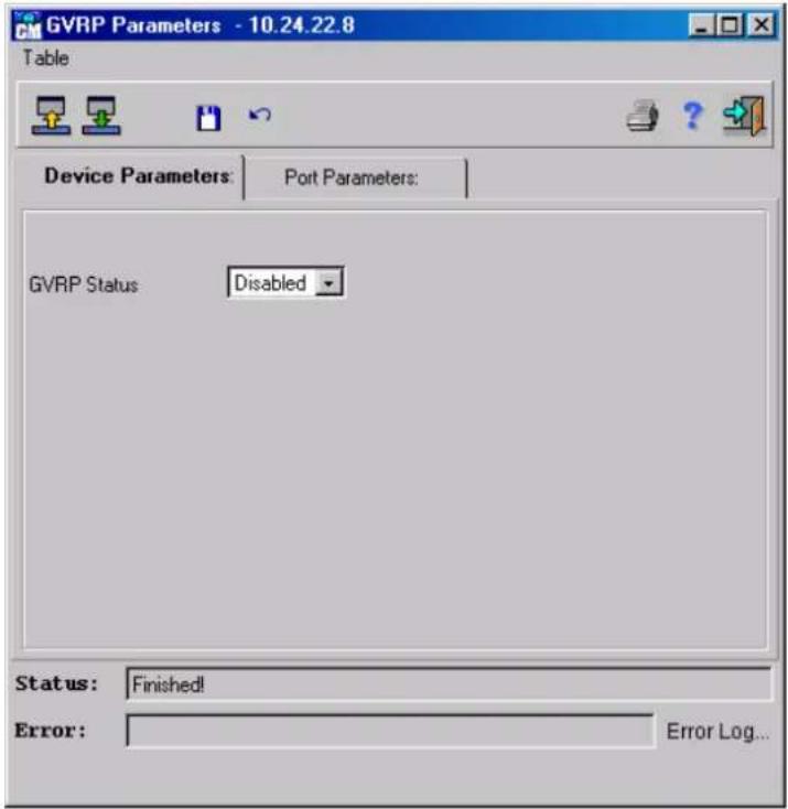 GVRP Parameters - 10.24.22.8 Table Device Parameters: Port Parameters: GVRP Status Disabled Status: Finished! Error: Error Log...