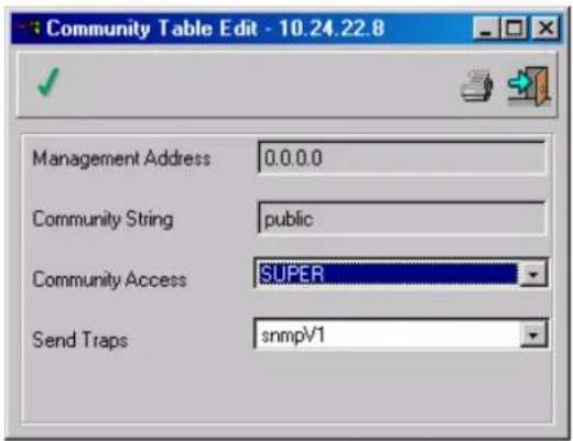 Community Table Edit - 10.24.22.8 Management Address 0.0.0.0 Community String public Community Access SUPER Send Traps snmpV1