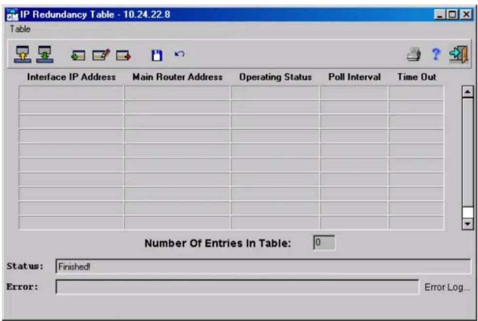 IP Redundancy Table - 10.24.22.8 Table Interface IP Address Main Router Address Operating Status Poll Interval Time Out Number Of Entries In Table: 0 Status: Finished! Error: Error Log...