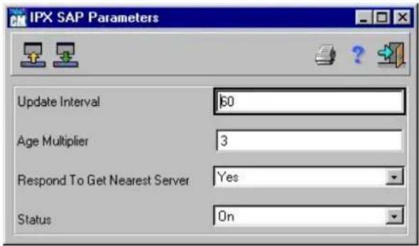 IPX SAP Parameters Update Interval 60 Age Multiplier 3 Respond To Get Nearest Server Yes Status On
