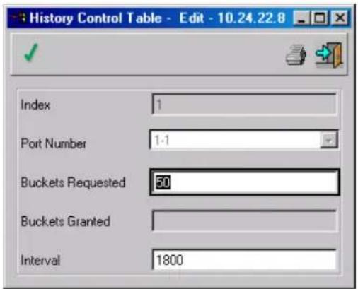 History Control Table - Edit - 10.24.22.8 Index 1 Port Number 1-1 Buckets Requested 50 Buckets Granted Interval 1800