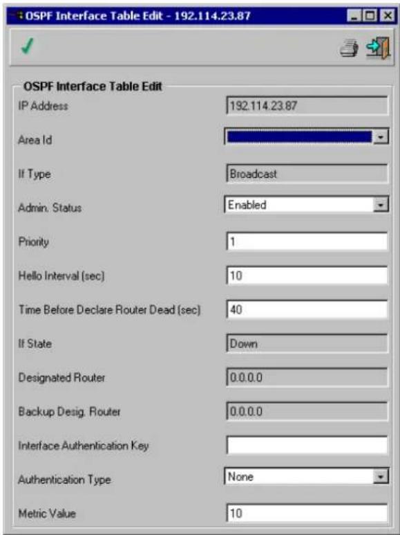 OSPF Interface Table Edit - 192.114.23.87 OSPF Interface Table Edit IP Address 192.114.23.87 Area Id If Type Broadcast Admin. Status Enabled Priority 1 Hello Interval (sec) 10 Time Before Declare Router Dead (sec) 40 If State Down Designated Router 0.0.0.0 Backup Desig. Router 0.0.0.0 Interface Authentication Key Authentication Type None Metric Value 10