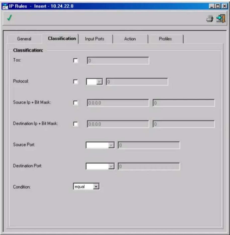 IP Rules - Insert - 10.24.22.8 General Classification Input Ports Action Profiles Classification: Tos: 0 Protocol: 0 Source Ip + Bit Mask: 0.0.0.0 0 Destination Ip + Bit Mask: 0.0.0.0 0 Source Port: 0 Destination Port: 0 Condition: equal