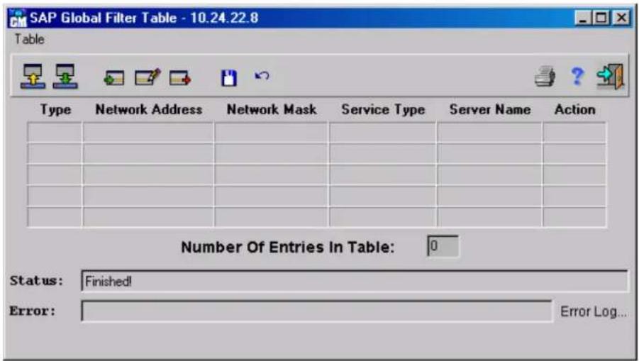 SAP Global Filter Table - 10.24.22.8 Table Type Network Address Network Mask Service Type Server Name Action Number Of Entries In Table: 0 Status: Finished! Error: Error Log...