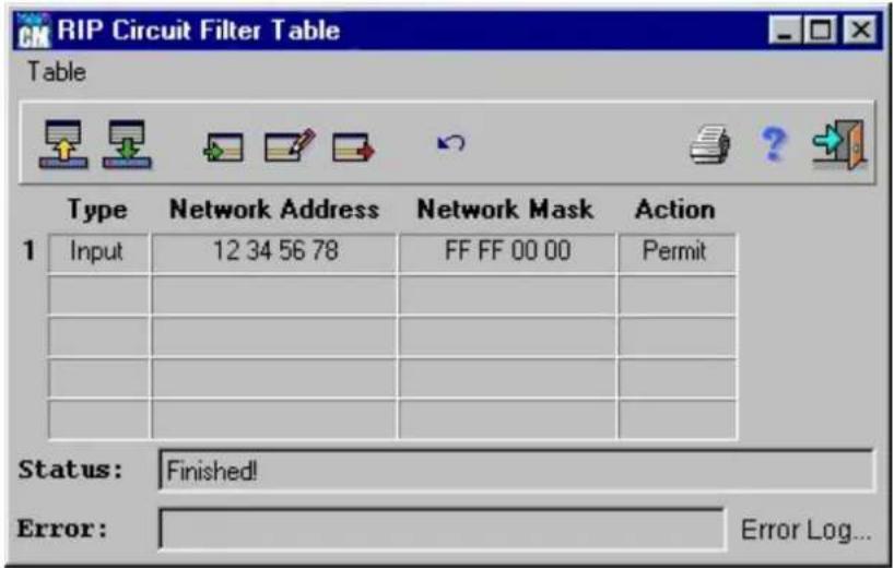 RIP Circuit Filter Table Table Type Network Address Network Mask Action 1 Input 12 34 56 78 FF FF 00 00 Permit Status: Finished! Error: Error Log...