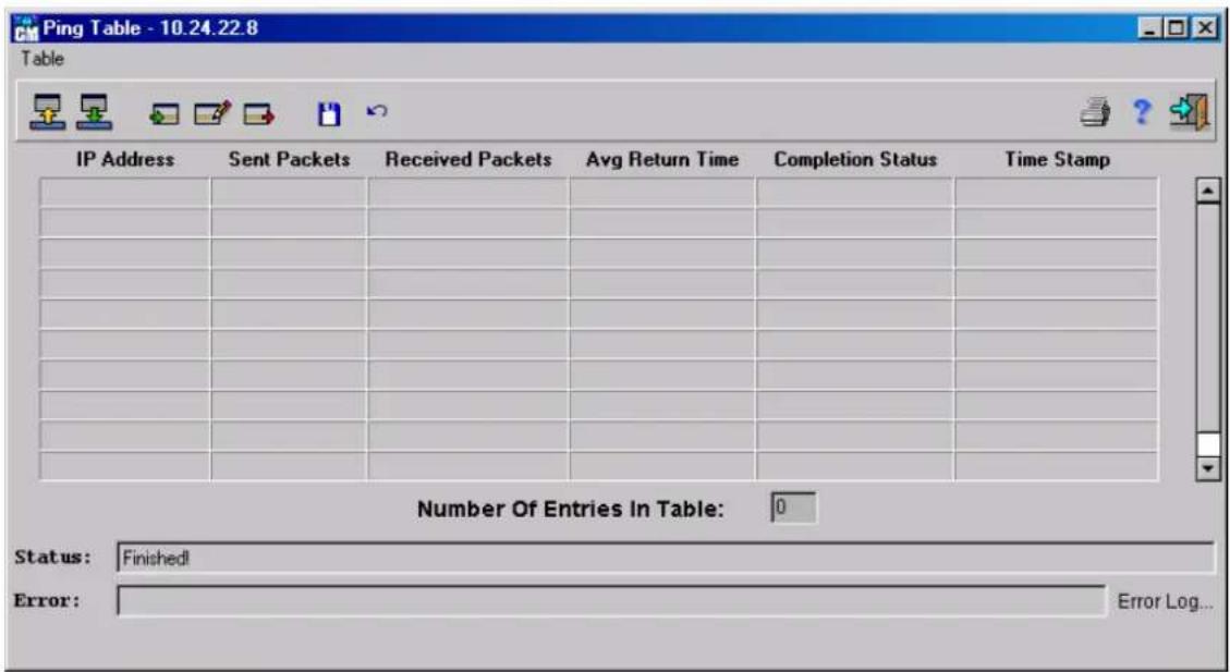 Ping Table - 10.24.22.8 Table IP Address Sent Packets Received Packets Avg Return Time Completion Status Time Stamp Number Of Entries In Table: 0 Status: Finished! Error: Error Log...