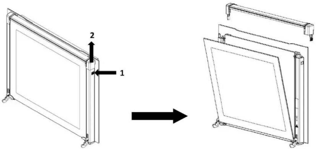 Diagram showing a folding or assembly process of a rectangular panel, with labeled components 1 and 2 and directional arrow indicating transformation.