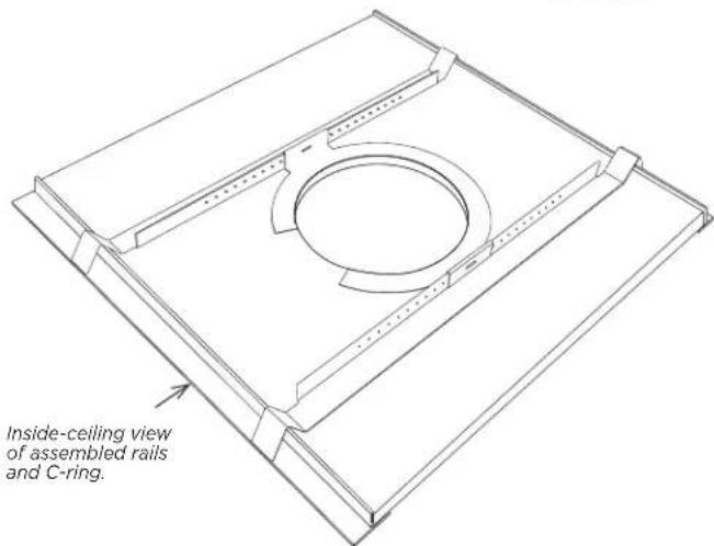 Inside-ceiling view of assembled rails and C-ring.