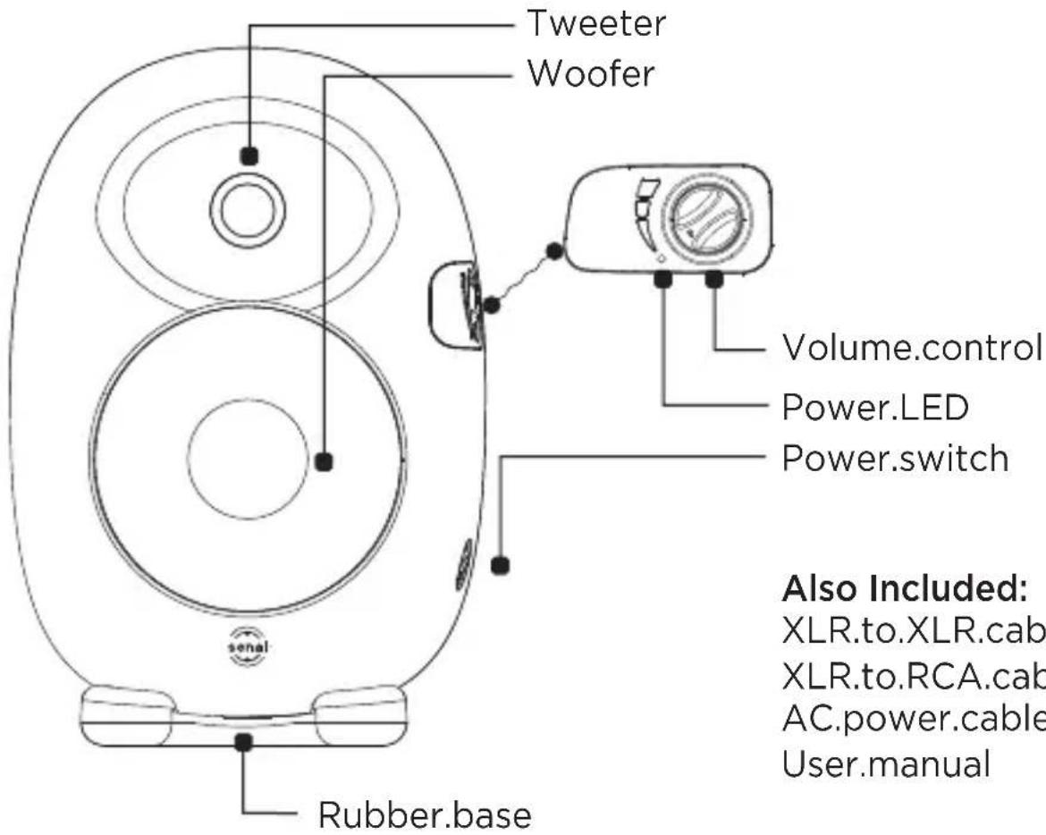 Tweeter Woofer Volume.control Power.LED Power.switch Also Included: XLR.to.XLR.cab XLR.to.RCA.cab AC.power.cable User.manual Rubber.base