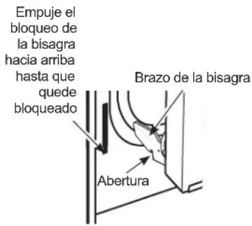 Empuje el bloqueo de la bisagra hacia arriba hasta que quede bloqueado Brazo de la bisagra Abertura