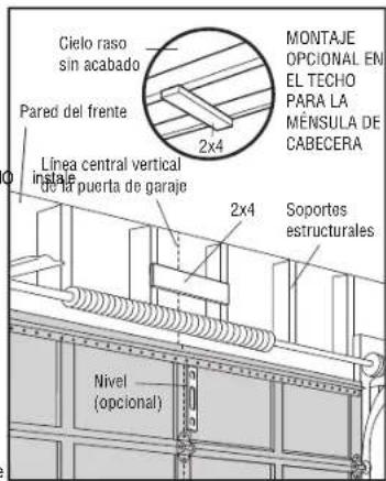 Cielo raso sin acabado Pared del frente Linea central vertical instale de la puerta de garaje 2x4 MONTAJE OPCIONAL EN EL TECHO PARA LA MÉNSULA DE CABECERA 2x4 Soportes estructurales Nivel (opcional)