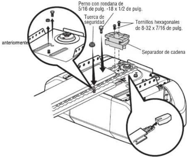 anteriormente Perno con rondana de 5/16 de pulg. -18 x 1/2 de pulg. Tuerca de seguridad Tornillos hexagonales de 8-32 x 7/16 de pulg. Separador de cadena