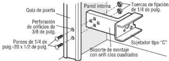 Guía de puerta Perforación de orificios de 3/8 de pulg. Pernos de 1/4 de pulg.-20 x 1/2 de pulg. Pared interna Tuercas de fijación de 1/4 de pulg. Sujetador tipo "C" Soporte de montaje con orifi cios cuadrados