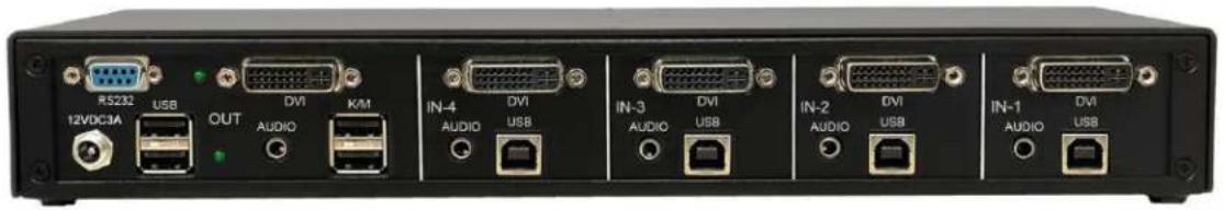 RS232 USB OUT DVI K/M IN-4 DVI IN-3 DVI IN-2 DVI IN-1 DVI 12VDC3A AUDIO AUDIO AUDIO USB AUDIO USB AUDIO USB AUDIO USB AUDIO