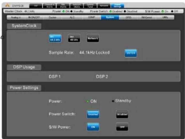 SIMPSOS Master Clock: 44.1 kHz Power ON Standby Power Switch Enabled Disabled S/W Power On Off Prolog In IN/OFF Docker ALC COMP System GPS Alt Control Utility SystemClock 44.1 kHz 48 kHz Network Sample Rate: 44.1kHz Locked 25/178 DSP Usage DSP 1 DSP 2 Power Settings Power: ON Standby Power Switch: E…