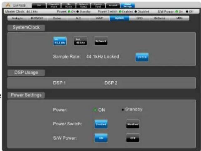 SIMP808 Master Clock: 44.1kHz Power ON Standby Power Switch Enabled Disabled S/W Power On Off Analog In IN ON/OFF Duster ALC COMP System SPO RM Control LRF SystemClock 527 46.3 MHz Ins 48 kHz Network Sample Rate: 44.1kHz Locked ENTER DSP Usage DSP 1 DSP 2 Power Settings Power: ON Standby Power Switch: Started Disabled S/W Power: ON OFF