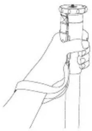 Line drawing of a hand holding a cylindrical object with a looped handle (no text or symbols)