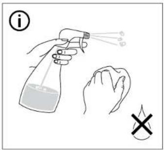 Illustration showing a spray bottle spraying liquid with a hand holding a cloth and a 'X' symbol indicating no text or symbols.