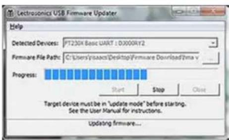 Lectrosonics USB Firmware Updater Help Detected Devices: PT230K Basic UART 1.0000RY2 Firmware File Path: C:\Users\Projects\Desktop\Firmware Download\Zima v Progress: Start Stop Close Target device must be in "Update mode" before starting. See the User Manual for instructions. Updating firmware...