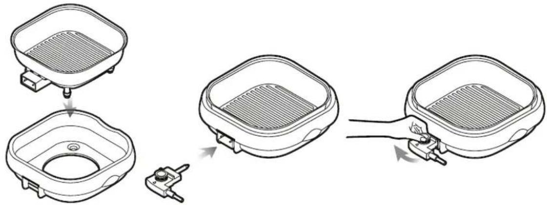 Diagram illustrating the step-by-step installation of a square appliance, showing component assembly and cleaning process.