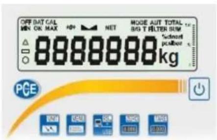 OFF BAT CAL MIN OK MAX +H NET MODE AUT TOTAL B/6 T FILTER SUM 88888888 kg Sedent power PCE