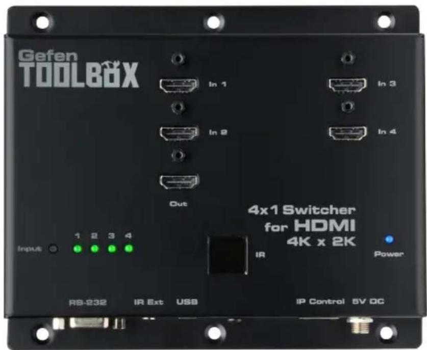 Gefen TOOLBOX In 1 In 3 In 2 In 4 Out 4x1 Switcher for HDMI 4K x 2K Input 1 2 3 4 IR Power RS-232 IR Ext USB IP Control 5V DC