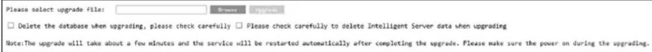 Please select upgrade file: Delete the database when upgrading, please check carefully Please check carefully to delete Intelligent Server data when upgrading Note:The upgrade will take about a few minutes and the service will be restarted automatically after completing the upgrade. Please make sure the power on during the upgrading.