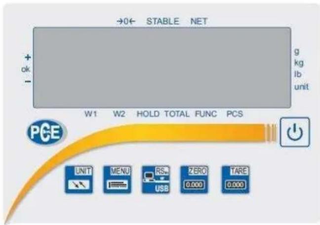→0← STABLE NET + ok - g kg lb unit W1 W2 HOLD TOTAL FUNC PCS PCE UNIT MENU RS ZERO TARE USB 0.000 0.000