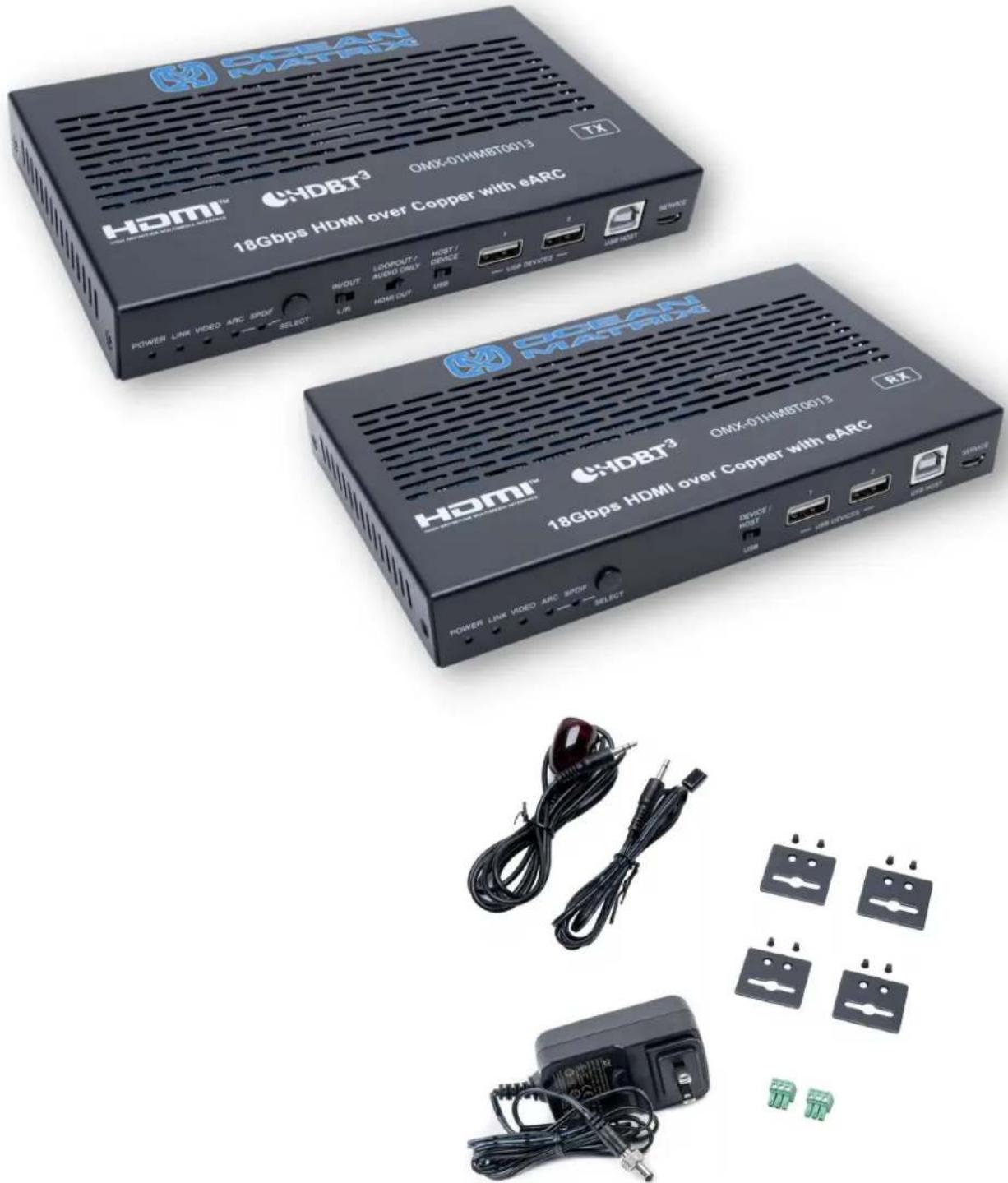 ChDBT³ OMX-01HMBT0013 TX HOMI™ CHDBT³ 18Gbps HDMI over Copper with eARC POWER LINK VIDEO ARC SPID SELECT INPUT OUT L/R LOOPOUT / AUDIO ONLY USB DEVICE USB DEVICE USB HOST SERVICE ChDBT³ HOMI™ CHDBT³ OMX-01HMBT0013 RX 18Gbps HDMI over Copper with eARC POWER LINK VIDEO ARC SPID SELECT DEVICE / HOSET U…