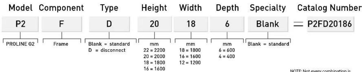 Model Component Type Height Width Depth Specialty Catalog Number P2 F D 20 18 6 Blank P2FD20186 PROLINE G2 Frame Blank = standard D = disconnect mm 22 = 2200 20 = 2000 18 = 1800 16 = 1600 mm 18 = 1800 16 = 1600 12 = 1200 mm 6 = 600 4 = 400 Blank = standard NOTE: Not every combination is