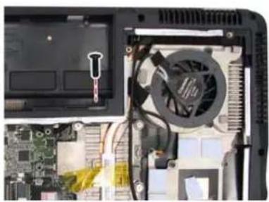 Close-up of a computer motherboard with visible CPU socket and fan (no text or symbols).