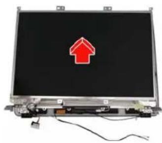 Computer monitor with a red upward arrow on the screen, showing internal components and cables. No text or symbols visible.