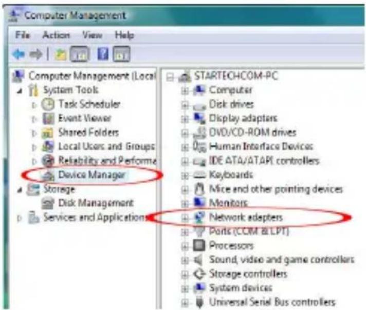 Computer Management File Action View Help Computer Management (Local System Tools Task Scheduler Event Viewer Shared Folders Local Users and Groups Reliability and Perform Device Manager Storage Disk Management Services and Applications STARTECHCOM-PC Computer Disk drives Display adapters DVD/CD-ROM drives Human Interface Devices IDE ATA/ATAPI controllers Keyboards Mice and other pointing devices Monitors Network adapters Ports (COM & LPT) Processors Sound, video and game controllers Storage controllers System devices Universal Serial Bus controllers
