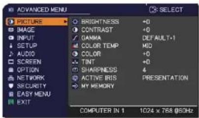 ADANCED MENU PICTURE ● BRIGHTNESS +0 ● CONTRAST +0 ✓ GAMMA DEFAULT-1 ● COLOR TEMP MID ● COLOR +0 ● TINT +0 ● SHARPNESS 4 ● ACTIVE IRIS PRESENTATION → MY MEMORY COMPUTER IN 1 1024 x 768 @60Hz