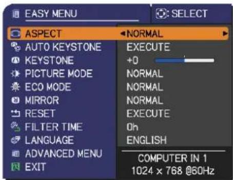 EASY MENU ASPECT AUTO KEYSTONE KEYSTONE PICTURE MODE ECO MODE MIRROR RESET FILTER TIME LANGUAGE ADVANCED MENU EXIT NORMAL EXECUTE +0 NORMAL NORMAL NORMAL EXECUTE Oh ENGLISH COMPUTER IN 1 1024 x 768 @60Hz