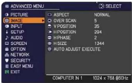 ADANCED MENU PICTURE IMAGE INPUT SETUP AUDIO SCREEN OPTION NETWORK SECURITY EASY MENU EXIT ASPECT NORMAL OVER SCAN 5 V POSITION 35 H POSITION 204 H PHASE 2 H SIZE 1344 AUTO ADJUST EXECUTE COMPUTER IN 1 1024 x 768 @60Hz