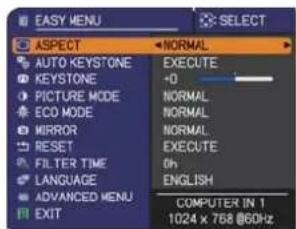 EASY MENU ASPECT AUTO KEYSTONE KEystone PICTURE MODE ECO MODE MIRROR RESET FILTER TIME LANGUAGE ADVANCED MENU EXIT NORMAL EXECUTE +0 NORMAL NORMAL NORMAL EXECUTE 0h ENGLISH COMPUTER IN 1 1024 x 768 @60Hz