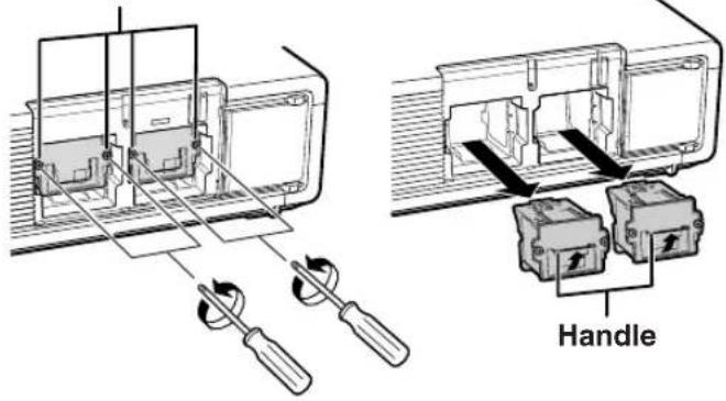 Technical diagram showing two installation steps: one with screwdriver and switch, and another with handle and switch labeled 'Handle'