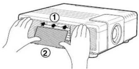 Diagram showing hands installing or adjusting a component labeled with numbered parts (① and ②)