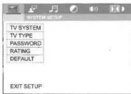 TV SYSTEM TV TYPE PASSWORD RATING DEFAULT EXIT SETUP