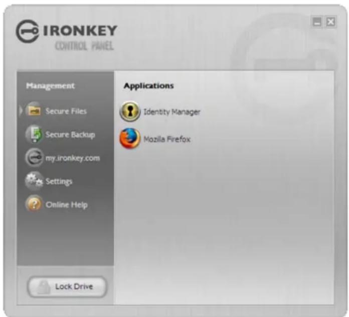 IRONKEY CONTROL PANEL Management Secure Files Secure Backup my.ironkey.com Settings Online Help Applications Identity Manager Mozilla Firefox Lock Drive