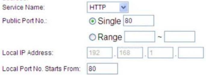 Service Name: HTTP Public Port No.: Single 80 Range ~ Local IP Address: 192 . 168 . 1 . Local Port No. Starts From: 80