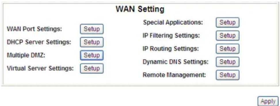 WAN Setting WAN Port Settings: Setup DHCP Server Settings: Setup Multiple DMZ: Setup Virtual Server Settings: Setup Special Applications: Setup IP Filtering Settings: Setup IP Routing Settings: Setup Dynamic DNS Settings: Setup Remote Management: Setup Apply