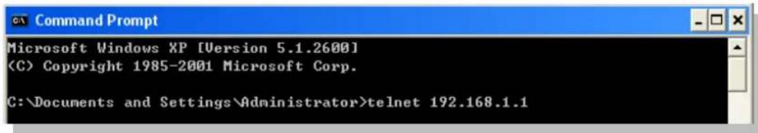 Command Prompt Microsoft Windows XP [Version 5.1.2600] (C) Copyright 1985-2001 Microsoft Corp. C:\Documents and Settings\Administrator>telnet 192.168.1.1
