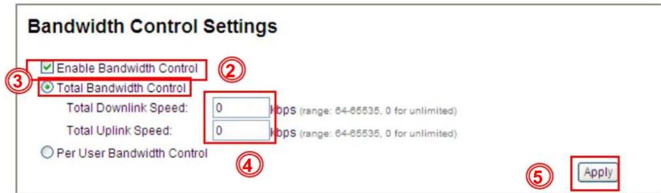 Bandwidth Control Settings Enable Bandwidth Control Total Bandwidth Control Total Downlink Speed: 0 Kbps (range: 64-85535, 0 for unlimited) Total Uplink Speed: 0 Kbps (range: 64-85535, 0 for unlimited) Per User Bandwidth Control Apply