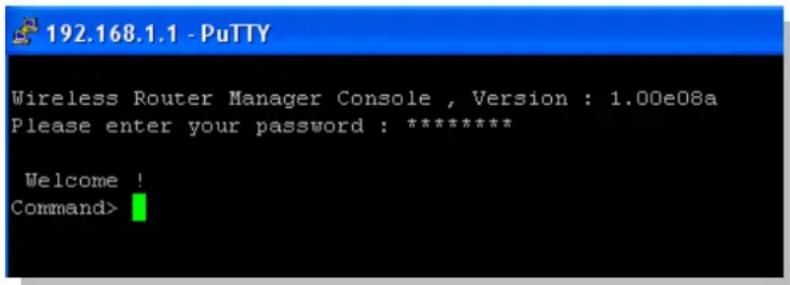 192.168.1.1 - PuTTY Wireless Router Manager Console , Version : 1.00e08a Please enter your password : ******** Welcome ! Command>