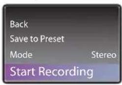 Back Save to Preset Mode Stereo Start Recording